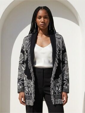 Sioni Black White Paisley Fringe Cardigan Sweater Women’s Medium